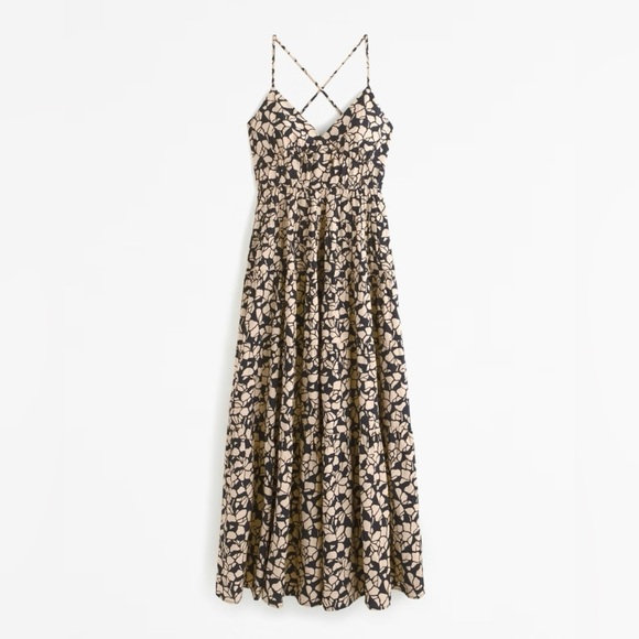 Abercrombie & fitch linen blend tan brown black button through maxi tiered dress - Picture 1 of 8
